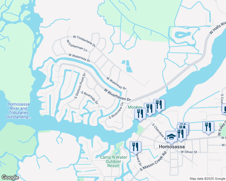 map of restaurants, bars, coffee shops, grocery stores, and more near 11435 West Riverhaven Drive in Homosassa