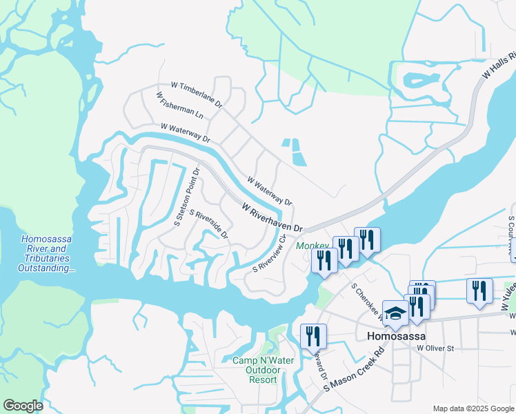 map of restaurants, bars, coffee shops, grocery stores, and more near 11435 West Riverhaven Drive in Homosassa