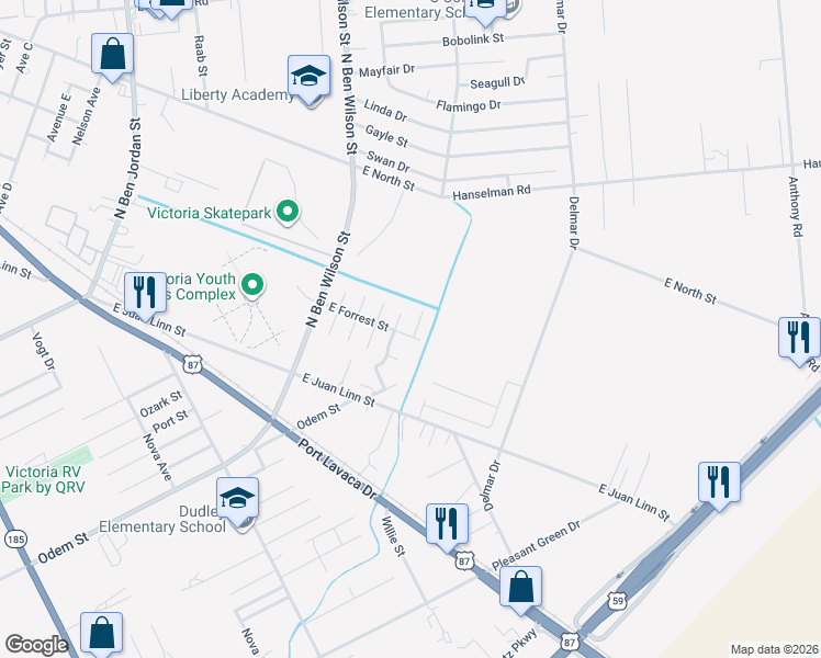 map of restaurants, bars, coffee shops, grocery stores, and more near 3803 East Forrest Street in Victoria