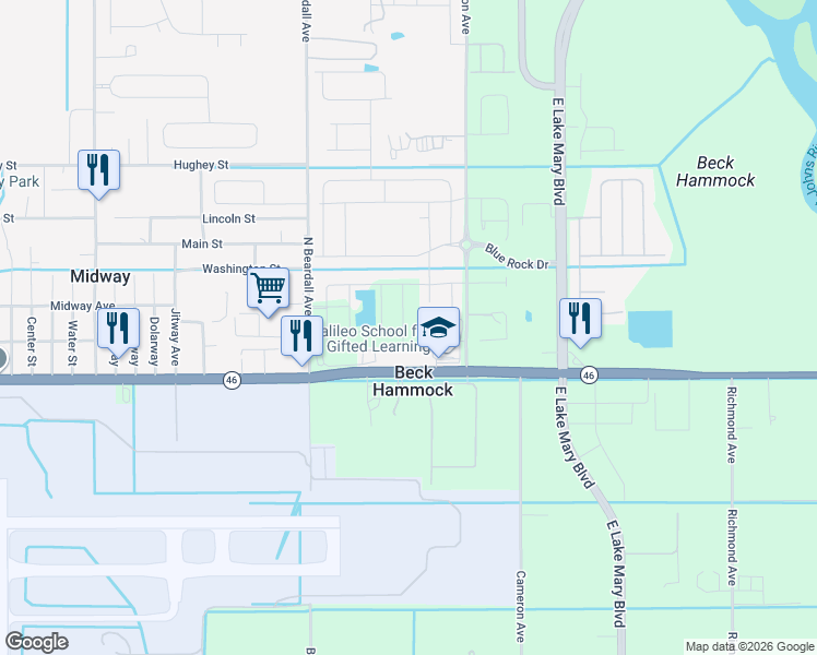 map of restaurants, bars, coffee shops, grocery stores, and more near 3850 Florida 46 in Sanford