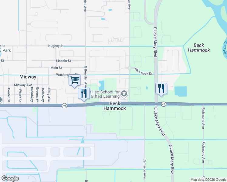 map of restaurants, bars, coffee shops, grocery stores, and more near 3850 Florida 46 in Sanford