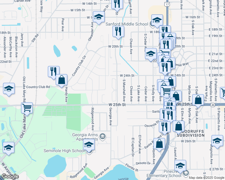 map of restaurants, bars, coffee shops, grocery stores, and more near 1603 Cedar Creek Circle in Sanford