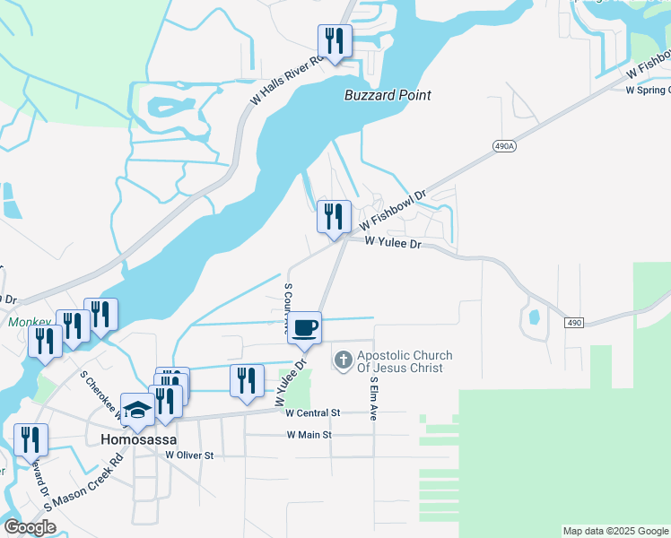 map of restaurants, bars, coffee shops, grocery stores, and more near 10350 West Yulee Drive in Homosassa