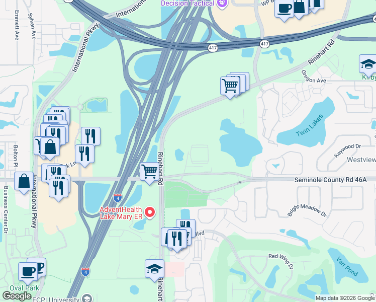 map of restaurants, bars, coffee shops, grocery stores, and more near 5000 Solara Circle in Sanford