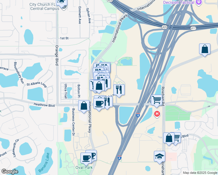 map of restaurants, bars, coffee shops, grocery stores, and more near 850 Village Oak Lane in Lake Mary