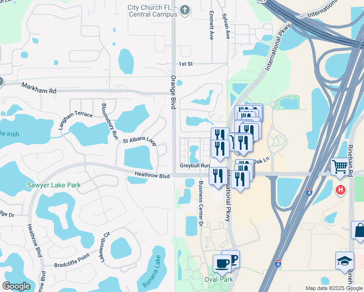 map of restaurants, bars, coffee shops, grocery stores, and more near 1488 Lake George Drive in Lake Mary