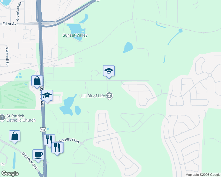 map of restaurants, bars, coffee shops, grocery stores, and more near 2904 Robie Avenue in Mount Dora