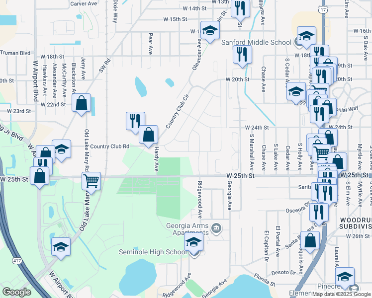 map of restaurants, bars, coffee shops, grocery stores, and more near 138 Garrison Drive in Sanford