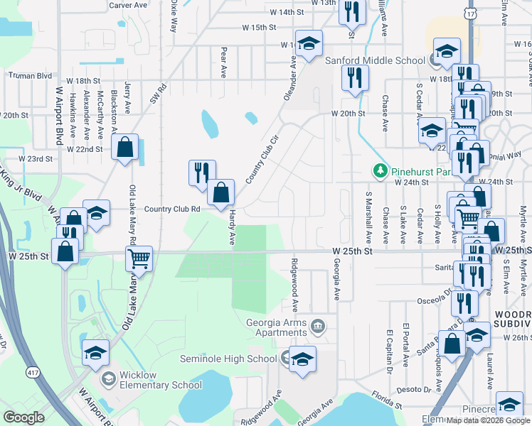 map of restaurants, bars, coffee shops, grocery stores, and more near 119 Mayfair Circle in Sanford