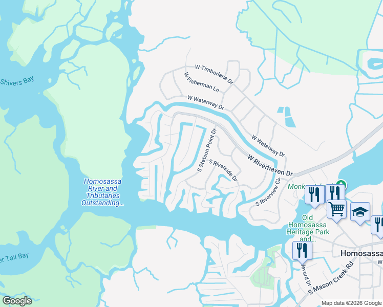 map of restaurants, bars, coffee shops, grocery stores, and more near 5090 South Stetson Point Drive in Homosassa