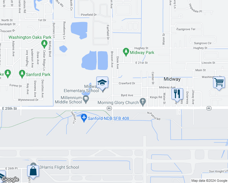 map of restaurants, bars, coffee shops, grocery stores, and more near 2361 Brisson Avenue in Sanford