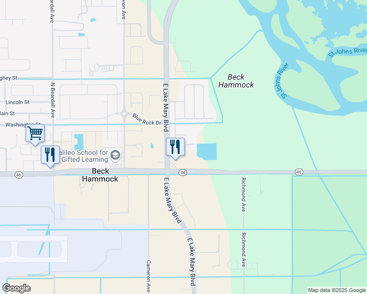 map of restaurants, bars, coffee shops, grocery stores, and more near 3829 Klondike Place in Sanford