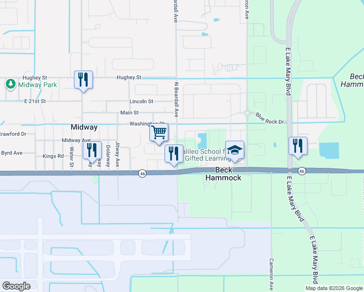 map of restaurants, bars, coffee shops, grocery stores, and more near 2312a Beardall Avenue in Sanford