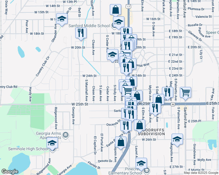 map of restaurants, bars, coffee shops, grocery stores, and more near 2411 South Cedar Avenue in Sanford