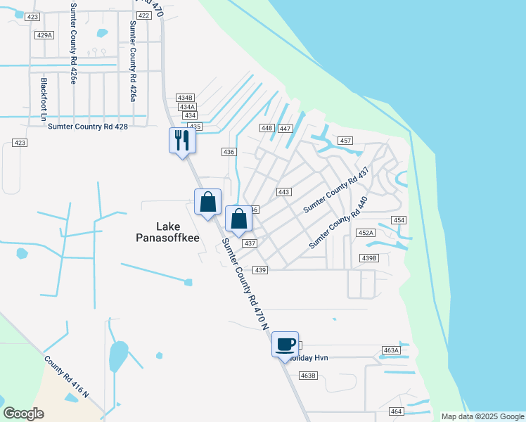 map of restaurants, bars, coffee shops, grocery stores, and more near 2264 County Road 445 in Lake Panasoffkee