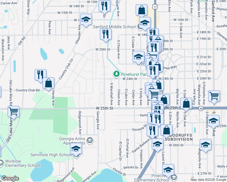 map of restaurants, bars, coffee shops, grocery stores, and more near 2415 South Marshall Avenue in Sanford