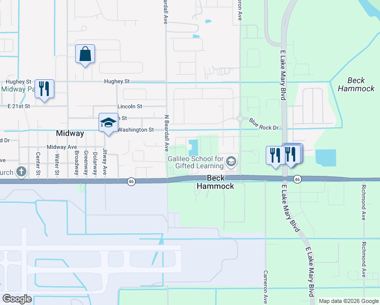map of restaurants, bars, coffee shops, grocery stores, and more near 2305 Beardall Avenue in Sanford