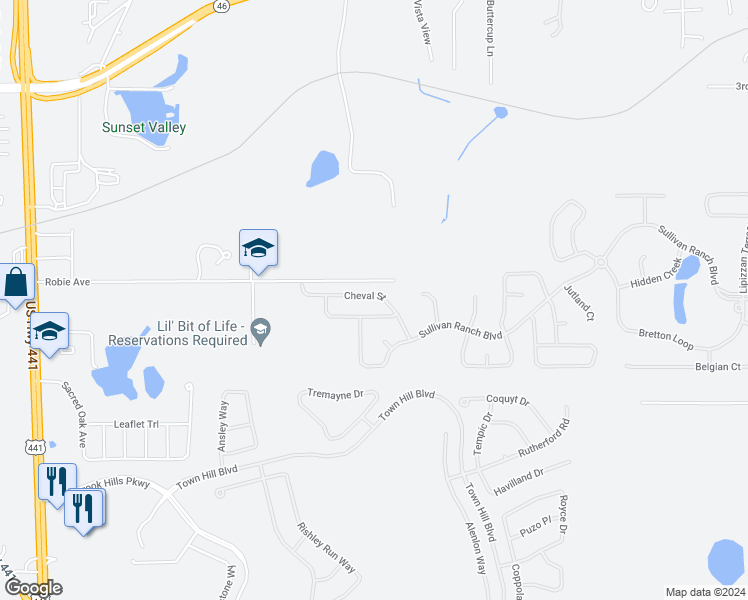 map of restaurants, bars, coffee shops, grocery stores, and more near 30207 Cheval Street in Mount Dora