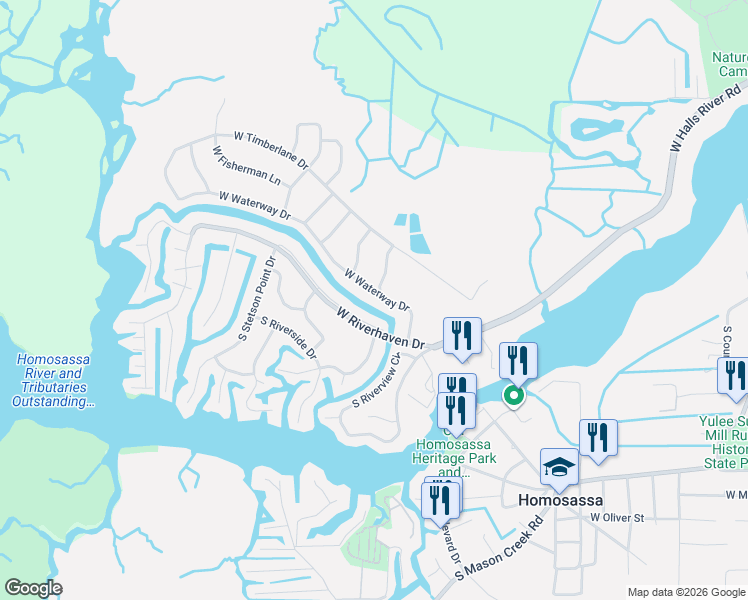 map of restaurants, bars, coffee shops, grocery stores, and more near 11439 West Waterway Drive in Homosassa