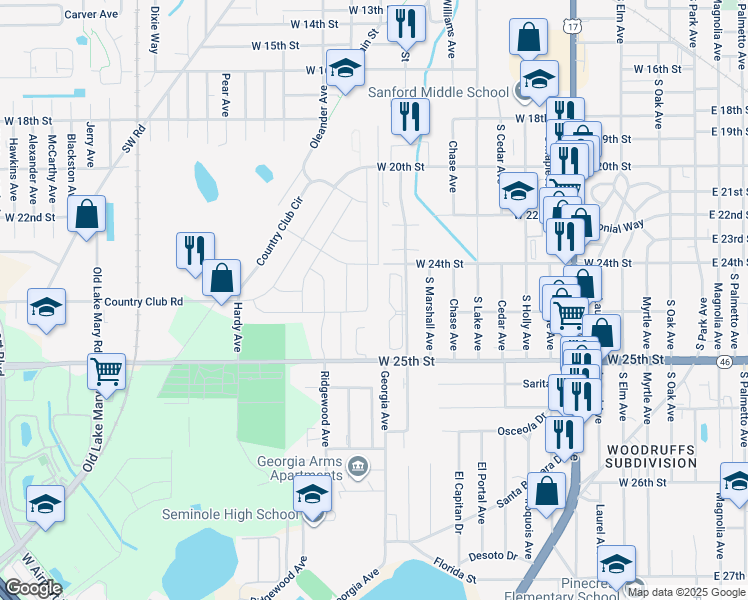 map of restaurants, bars, coffee shops, grocery stores, and more near 206 Hays Drive in Sanford