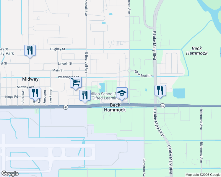 map of restaurants, bars, coffee shops, grocery stores, and more near 2347 Hollyberry Way in Sanford