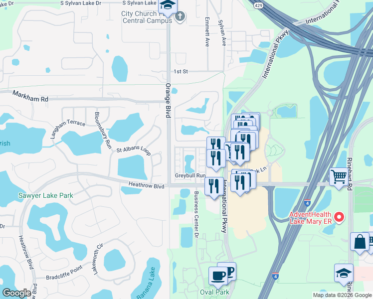 map of restaurants, bars, coffee shops, grocery stores, and more near 929 Brutus Terrace in Lake Mary