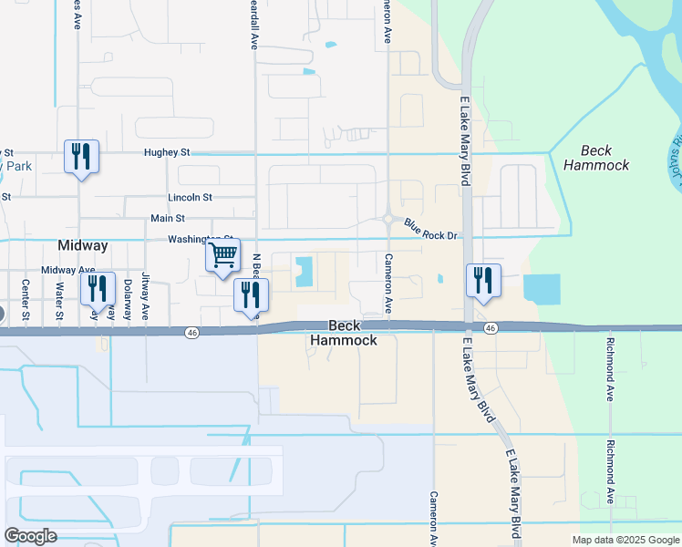 map of restaurants, bars, coffee shops, grocery stores, and more near 2347 Hollyberry Way in Sanford
