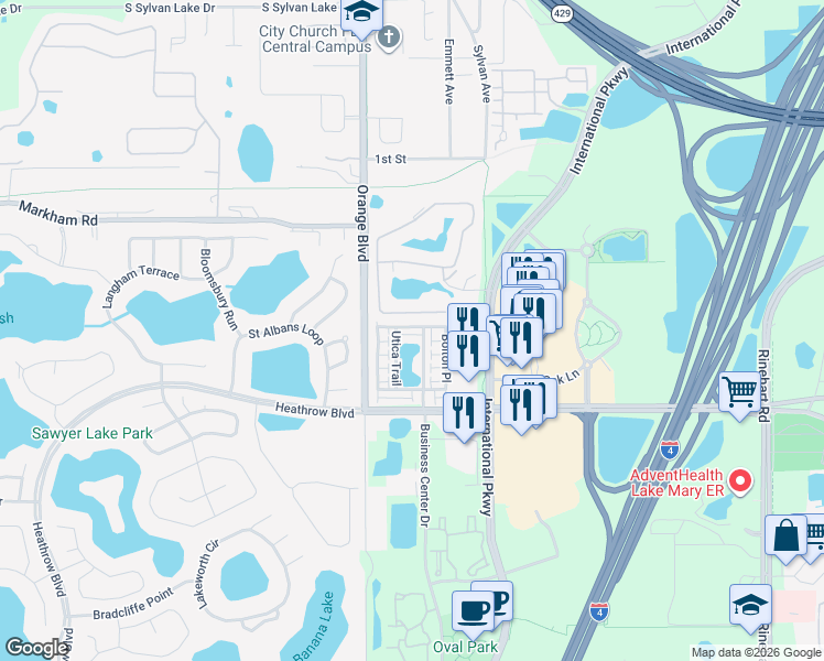 map of restaurants, bars, coffee shops, grocery stores, and more near 1938 Piedmont Place in Lake Mary
