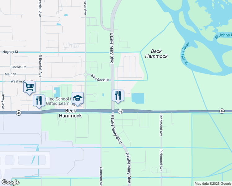 map of restaurants, bars, coffee shops, grocery stores, and more near 3798 Klondike Place in Sanford