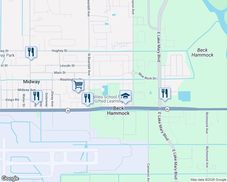 map of restaurants, bars, coffee shops, grocery stores, and more near 2347 Hollyberry Way in Sanford