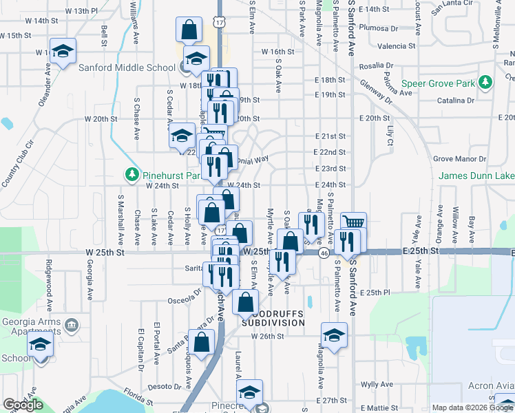 map of restaurants, bars, coffee shops, grocery stores, and more near 2415 South Elm Avenue in Sanford