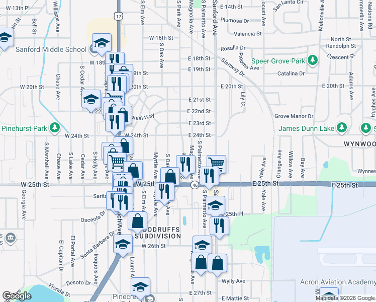 map of restaurants, bars, coffee shops, grocery stores, and more near 2429 South Park Avenue in Sanford