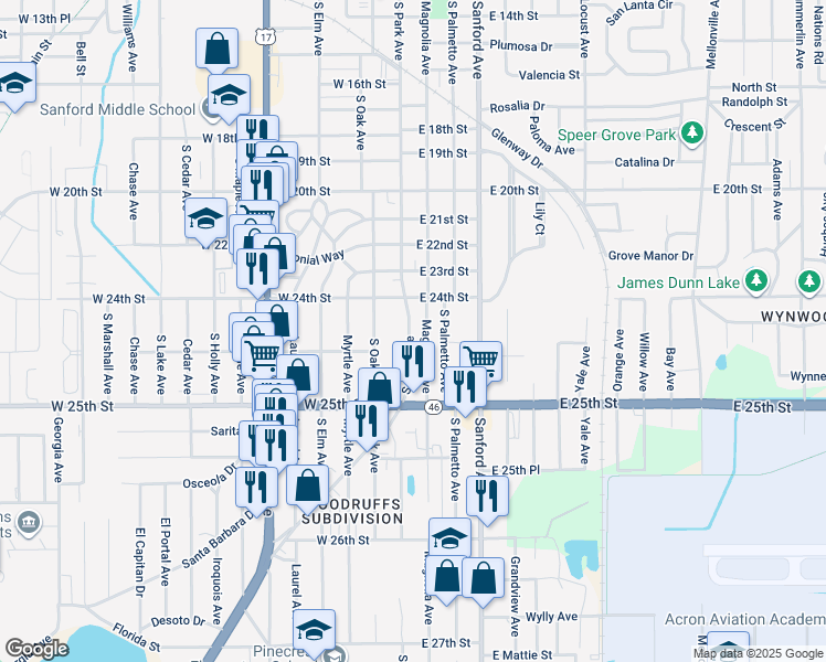 map of restaurants, bars, coffee shops, grocery stores, and more near 2425 South Park Avenue in Sanford