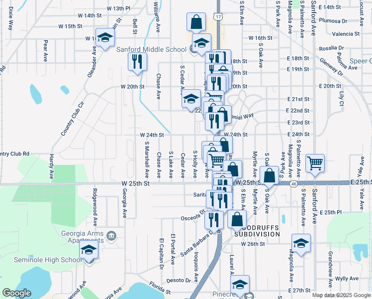 map of restaurants, bars, coffee shops, grocery stores, and more near 2411 South Cedar Avenue in Sanford