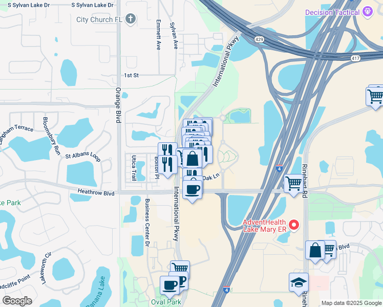 map of restaurants, bars, coffee shops, grocery stores, and more near 950 Market Promenade Avenue in Sanford