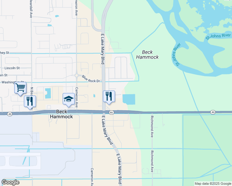 map of restaurants, bars, coffee shops, grocery stores, and more near 3834 Klondike Place in Sanford