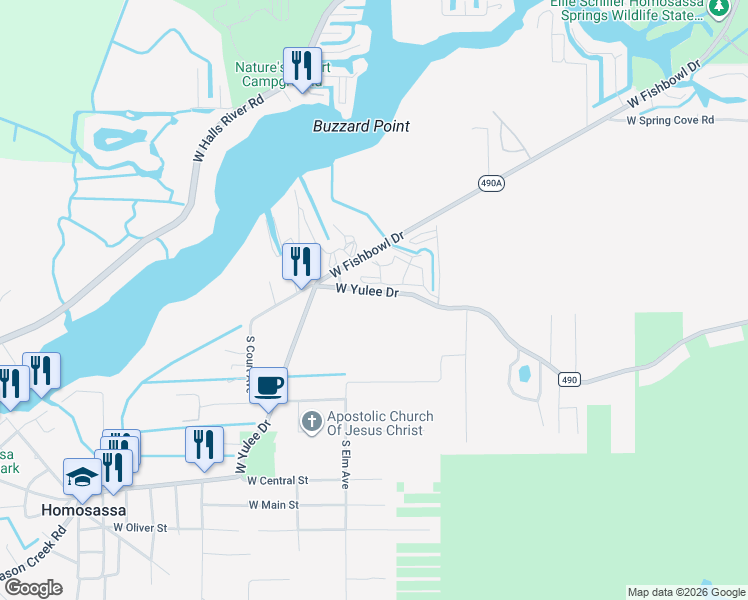 map of restaurants, bars, coffee shops, grocery stores, and more near 10168 West Yulee Drive in Homosassa
