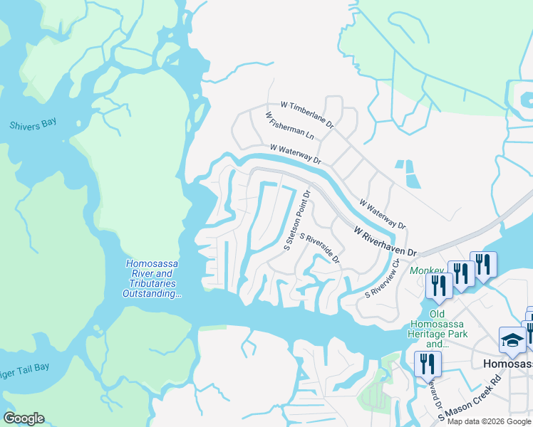 map of restaurants, bars, coffee shops, grocery stores, and more near 11898 West Riverhaven Drive in Homosassa