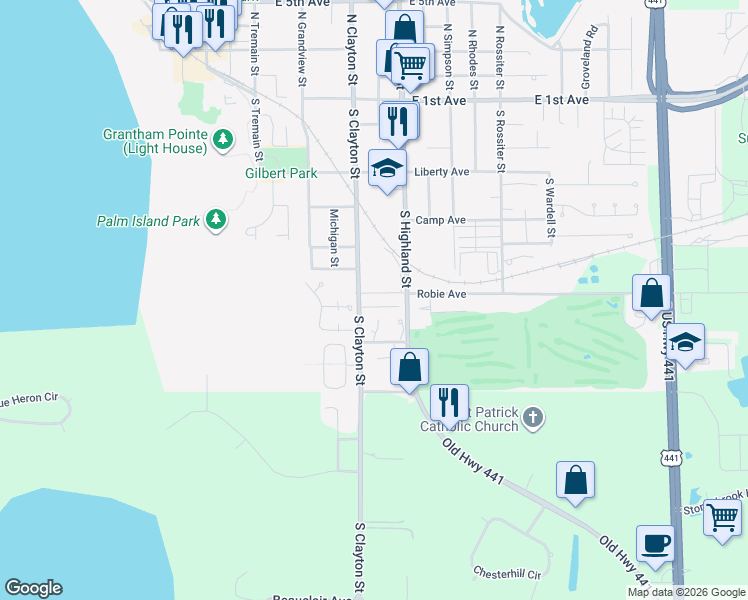 map of restaurants, bars, coffee shops, grocery stores, and more near 723 Wedgewood Drive in Mount Dora