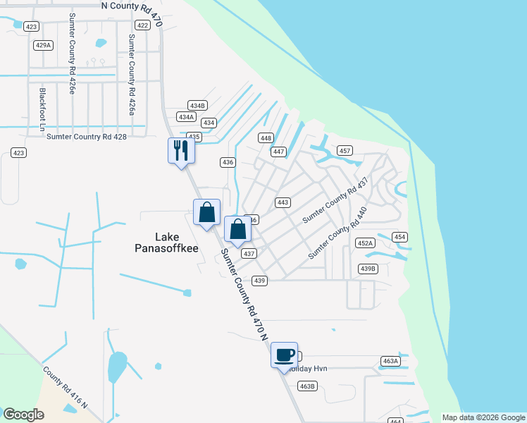 map of restaurants, bars, coffee shops, grocery stores, and more near 1346 Cr 443 in Lake Panasoffkee