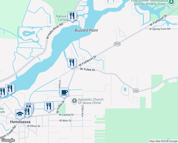 map of restaurants, bars, coffee shops, grocery stores, and more near 10170 West Yulee Drive in Homosassa