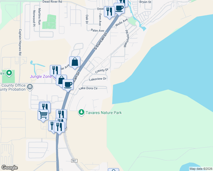 map of restaurants, bars, coffee shops, grocery stores, and more near 1323 Basin Street in Tavares