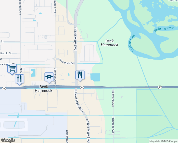 map of restaurants, bars, coffee shops, grocery stores, and more near 3850 Klondike Place in Sanford