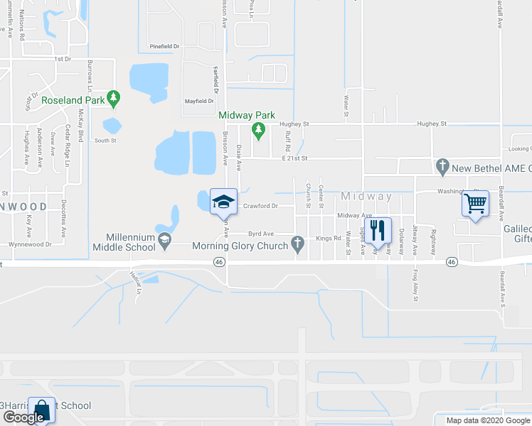 map of restaurants, bars, coffee shops, grocery stores, and more near 2511 Crawford Drive in Sanford