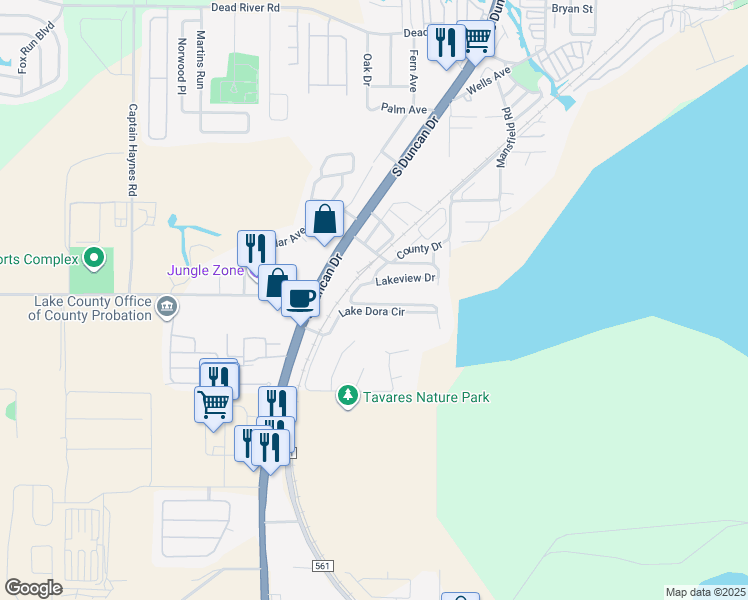 map of restaurants, bars, coffee shops, grocery stores, and more near 1530 South Shore Drive in Tavares