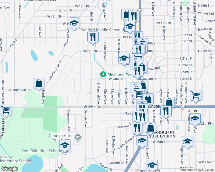 map of restaurants, bars, coffee shops, grocery stores, and more near 2408 South Lake Avenue in Sanford
