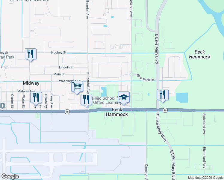 map of restaurants, bars, coffee shops, grocery stores, and more near 2347 Hollyberry Way in Sanford