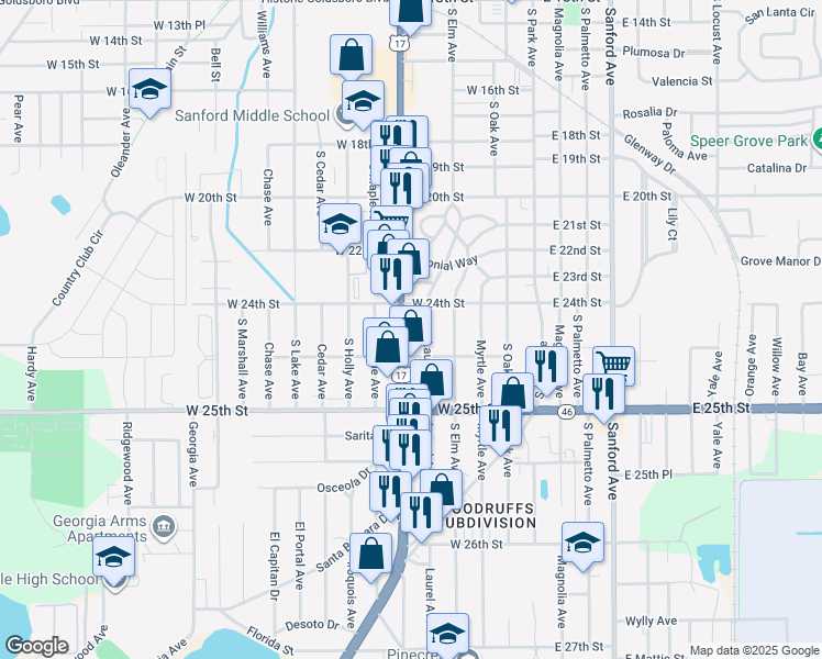map of restaurants, bars, coffee shops, grocery stores, and more near 2413 Florida 46 in Sanford