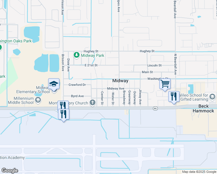 map of restaurants, bars, coffee shops, grocery stores, and more near 2900 Midway Avenue in Sanford