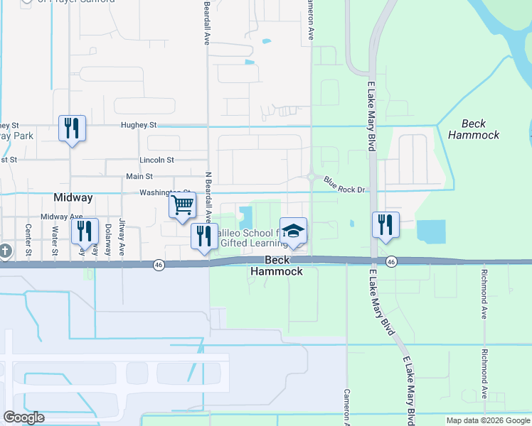 map of restaurants, bars, coffee shops, grocery stores, and more near 2347 Hollyberry Way in Sanford